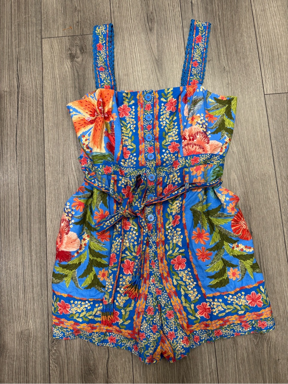 NEW FARM Rio Stitched Garden Floral Belted Linen Blend Romper SZ Large - Picture 1 of 10